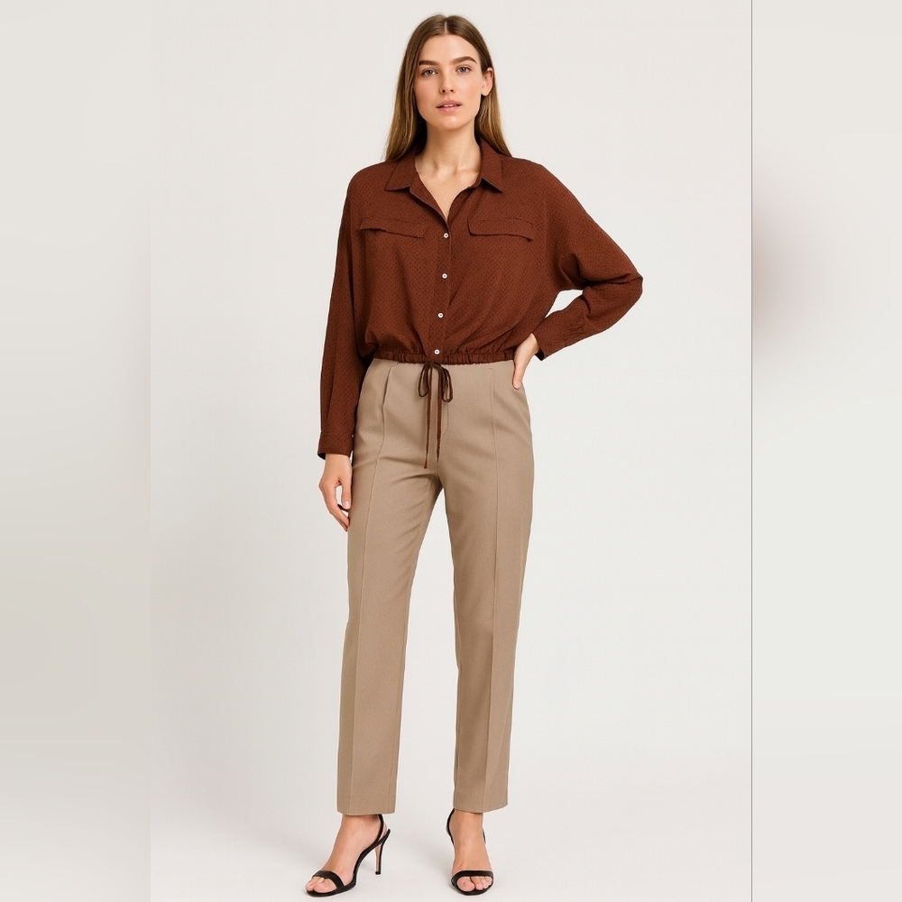 ZARA Brown Polka Dot Drawstring Hem Blouse – Size M